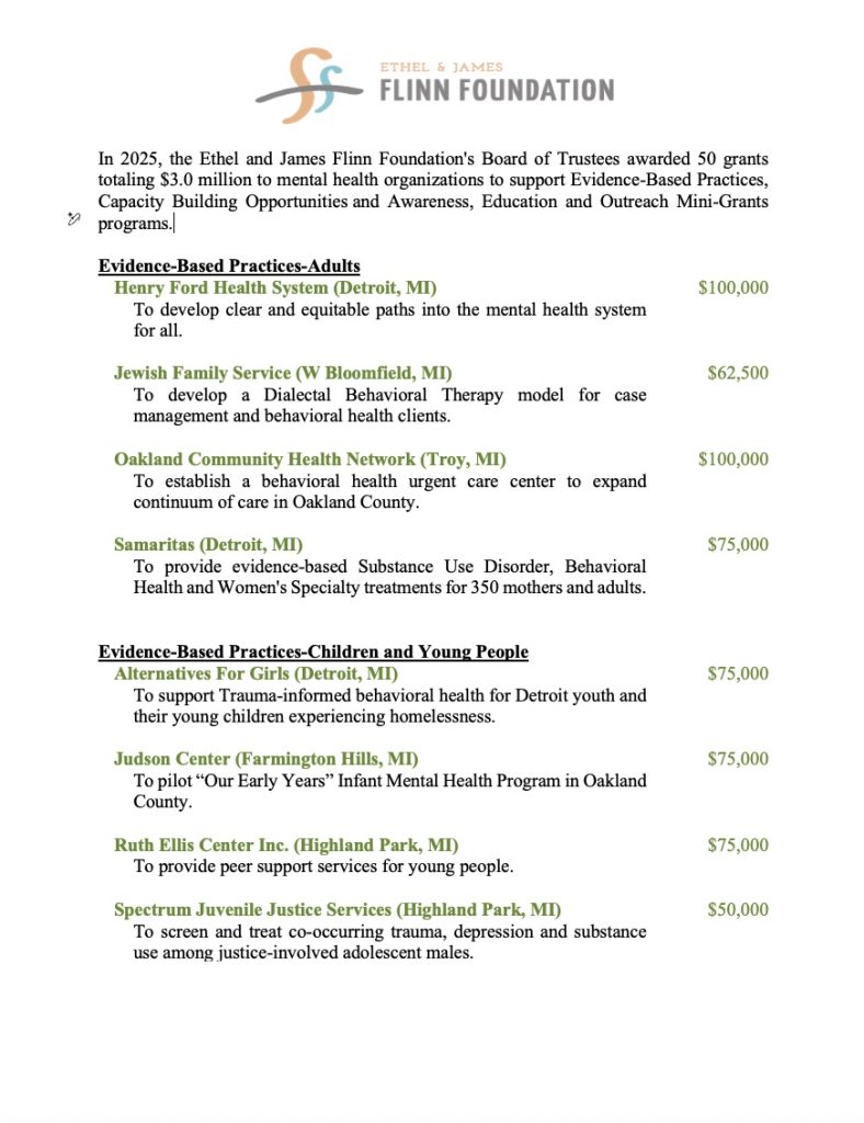 A screenshot of the first page of the Flinn Foundation's 2025 grants awarded list
